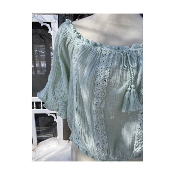 American Eagle Outfitters Mint Green Knit Crop Top Off Shoulder Balloon Sleeve S - Picture 4 of 12